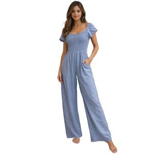 Japna Light Blue Smocked Wide Leg Jumpsuit XL Flowy Boho Romper Pants, NWT 🦋